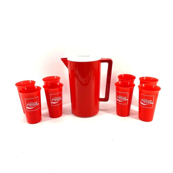 Coca Cola Other - Vintage Coca-Cola Red Plastic Pitcher & 8 Cup Tumbler Set Coke Soda Collectible